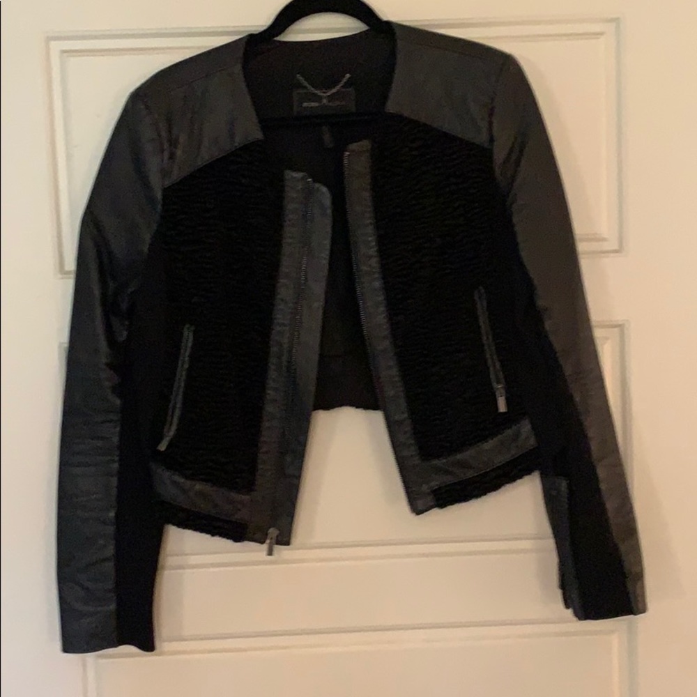 BCBG black leather/velvet cropped jacket